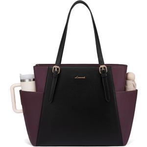 LOVEVOOK Laptop Tote Bag for Women With Large Cup Holder, Leather Work Tote Bag for Women,15.6 Inch Professional Computer Briefcase Business Teacher Commuter Shoulder Bag,Office Travel Gift (Purple-black)