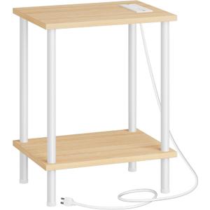 HOOBRO Side Table with Charging Station, End Table with USB Port and Outlet, Nightstand with 2-Layer Storage Shelves for Small Spaces, Living Room, Bedroom, Stable Frame, Natural and White