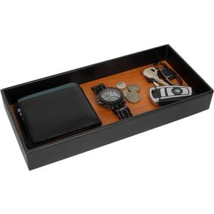 JACKCUBE Design Leather Bamboo Valet Tray for Men, Catch All Trays for Key, Phone, Wallet, Coin, Sunglasses, EDC Dump Storage (Black) - MK205A