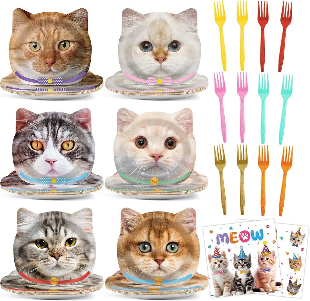 96Pcs Cat Birthday Party Plates and Napkins Decorations Cute Kitten Party Supplies Cat Shaped Paper Dessert Plates Kitten Themed Tableware Set for Cats Themed Birthday Baby Shower Decorations