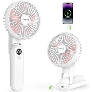 EasyAcc Portable Handheld Fan for Travel [Ultra Quiet Powerful] 5 Speed Backup Power Digital Display Lanyard Foldable Fan Rechargeable 2600 Battery Hot Flashes Gift Outdoor Pink Blades
