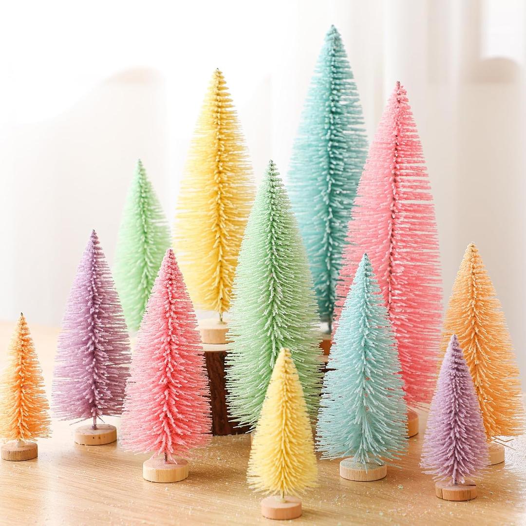 Soulchen 12 Pcs Pastel Mini Christmas Trees 4-10 Inch Pink Canyland Christmas Village Centerpieces Tables Decor Bottle Brush Xmas Sisal Trees with Wood Base for Xmas Tabletop DIY Craft (4 Size)