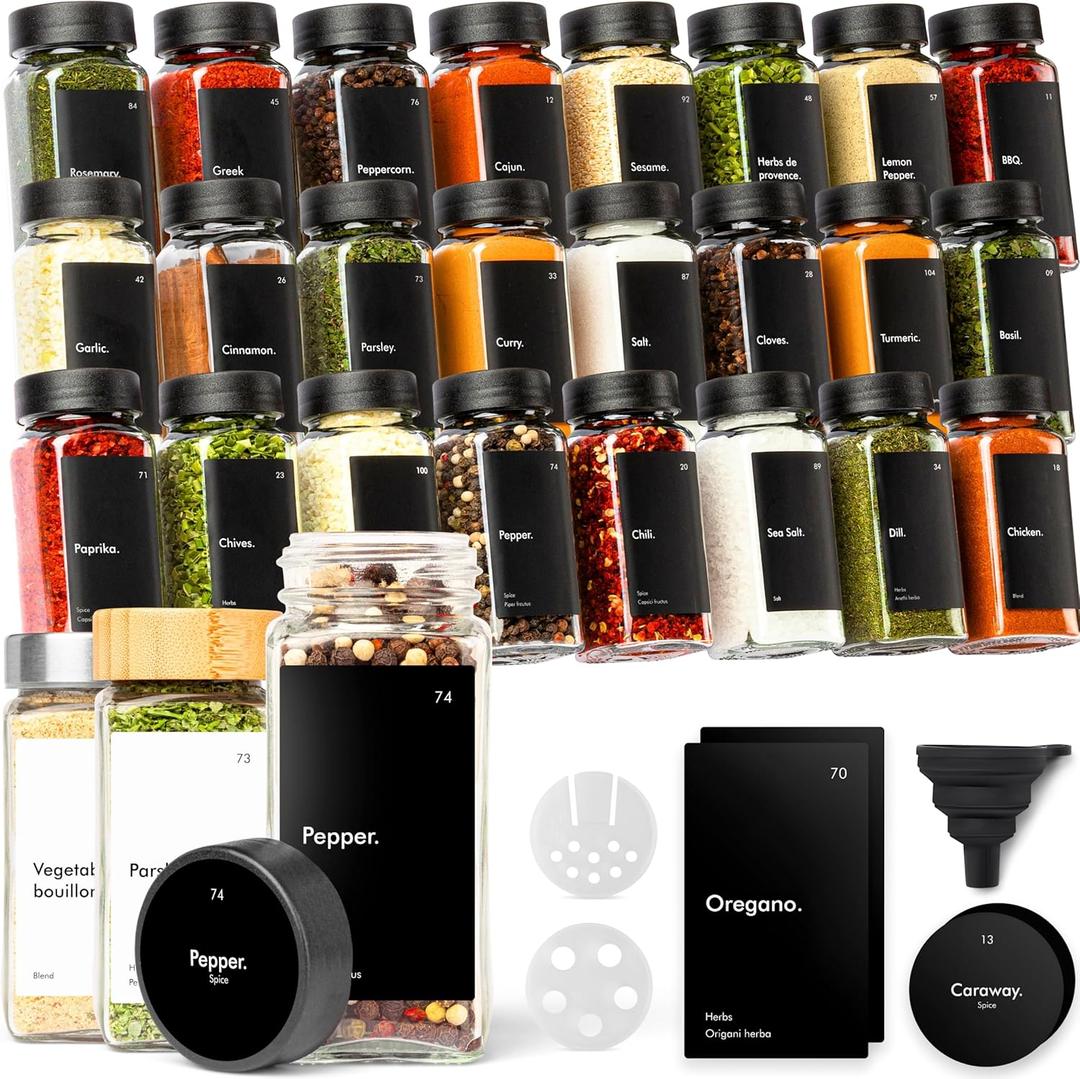 KIVY Glass Spice jars with Label & Shaker Lids [24x 4oz] Airtight Seasoning Containers for Cabinet & Drawer - Empty Spice Bottles - Spice containers with labels - Black spice jars with black lids