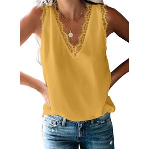 BLENCOT Women Tank Tops V Neck Sleeveless Lace Blouse Casual Vest Summer Camisole Shirts (Small, Yellow)