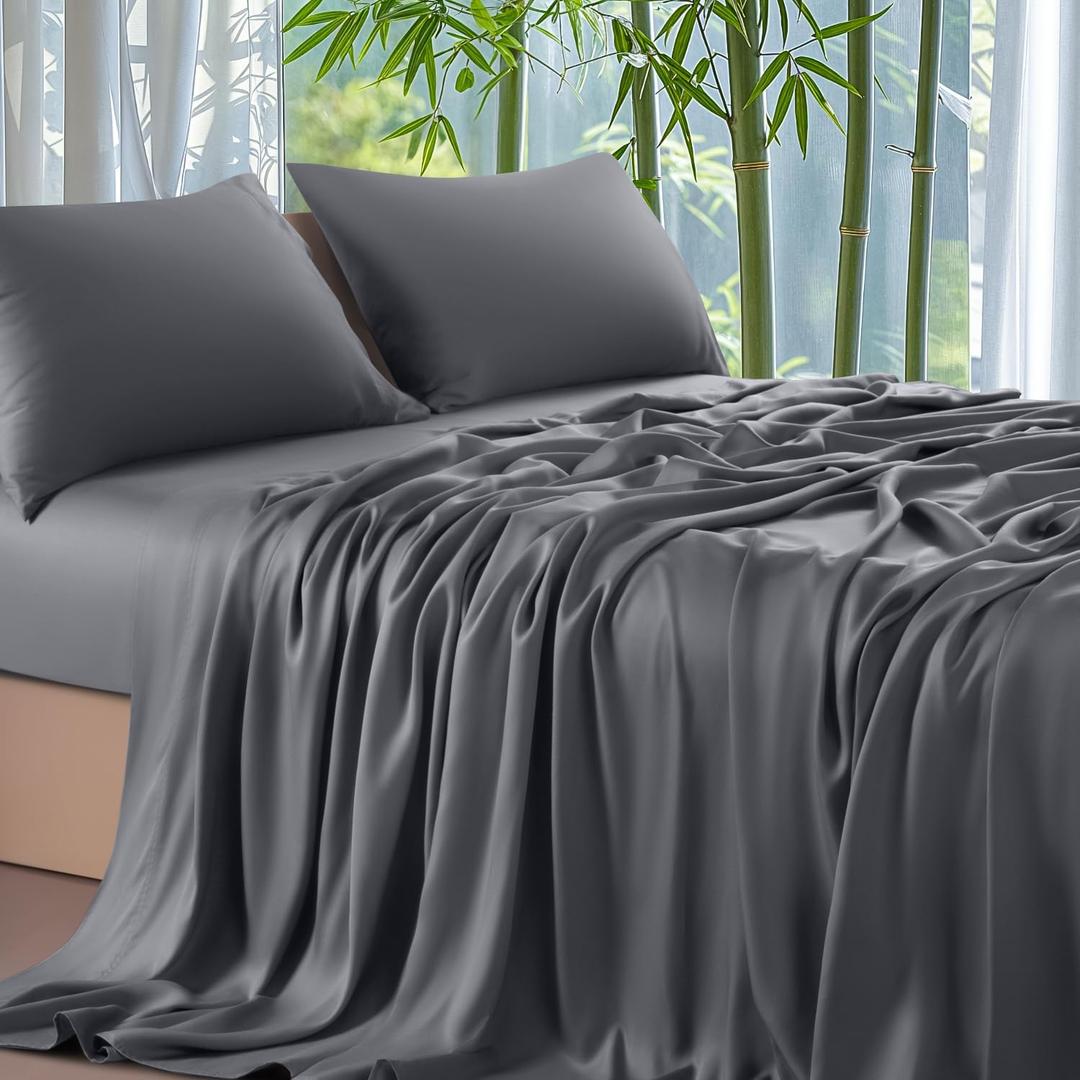 Shilucheng 100% Viscose Derived from Bamboo_ Sheets Full Size 4pcs - Ultra Cooling & Silky Soft Bed Sheets, 16" Deep Pocket, Perfect for Hot Sleepers, Hotel Bedding Sheets (Dark Grey) (01 - Dark Grey)