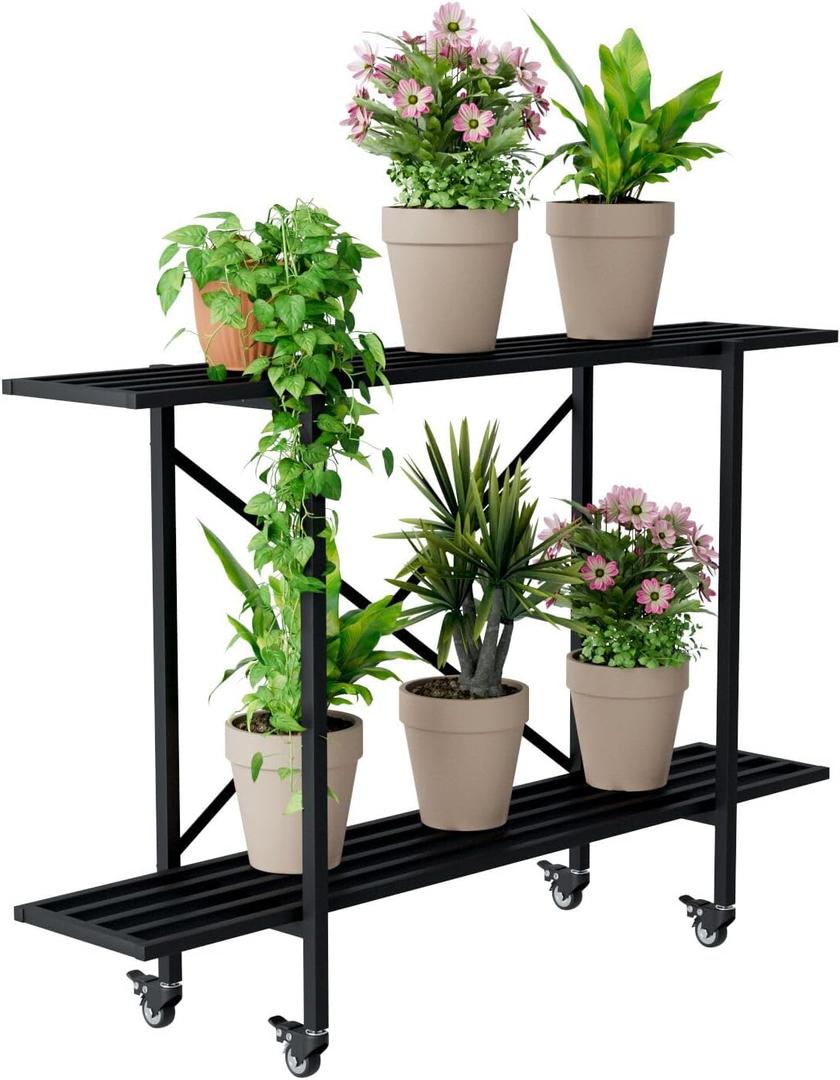 Zhongma 2 Tier Window Height Metal Sturdy Narrow Plant Stand with Wheels, Plant Stand Indoor and Outdoor, L45.67 x W10.3 x H29.9 inch, 440 LBS Capacity & Heavy Duty Construction.