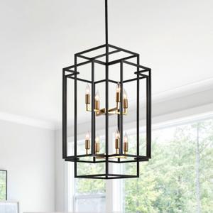 WJShome Black and Gold Chandelier, 8-Lights Tiered Lantern Pendant Light, Large Chandelier for High Ceilings, Modern Farmhouse Foyer Lighting Fixtures, for Living Room, Staircase, Entryway