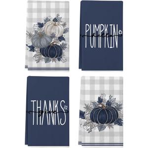 Blue Buffalo Plaid Pumpkin Fall Kitchen Towels 18x26 Inch,Hello Pumpkin Give Thanks Leaves Autumn Farmhouse Home Decoration Hand Towels Set of 4