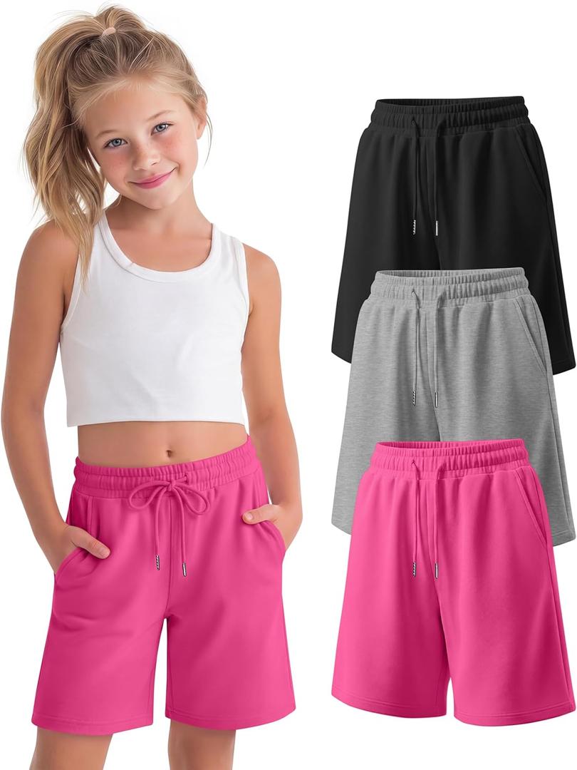 3 Pack Girls' Shorts Bermuda Summer Knee Length Casual Drawstring Athletic SweatShorts with Pockets for Ages 5-16