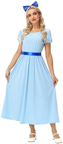 AOBUTE Women Halloween Princess Costume Puff Sleeve Blue Maxi Dress with Belt XS
