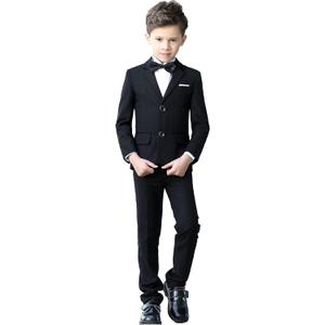 YuanLu Boys Suit for Kids Tuxedo Wedding Ring Bearer Outfit, 5 Piece Boy Slim Fit Formal Suits with Adjustable Waist (2T, Black)