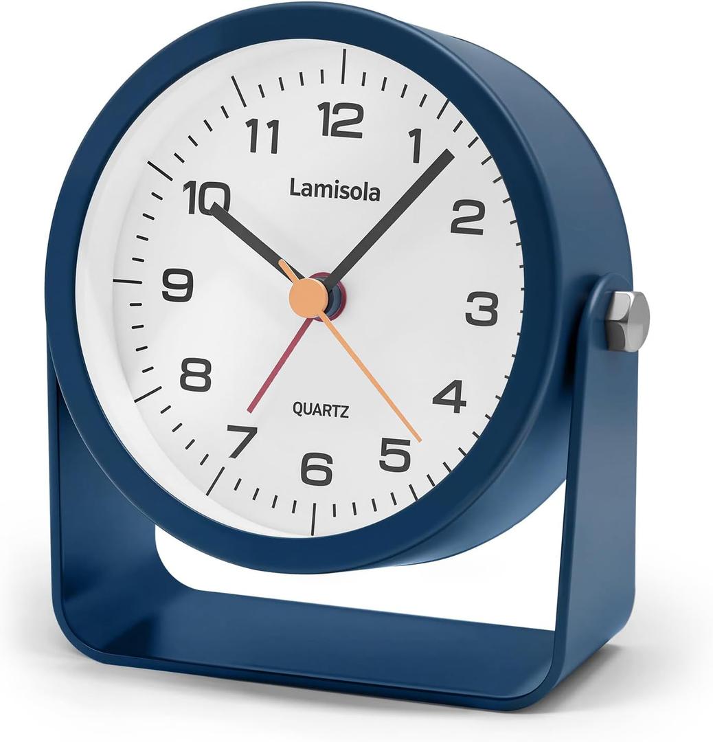 Lamisola 3.5 Inch Small Desk Alarm Clock, Battery Operated Analog Silent Clock with Night Light, Retro Vintage Metal Bedside Clock for Bedroom, Office, Bathroom, Dorm, Shelf, Table -Navy Blue