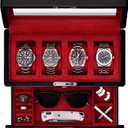 ROTHWELL 4-Slot Piano Black Watch Box with Valet Drawer - Premium Jewelry Display Case Organizer with Locking Glass Top and Microsuede Liner for Men & Women (Red Interior)