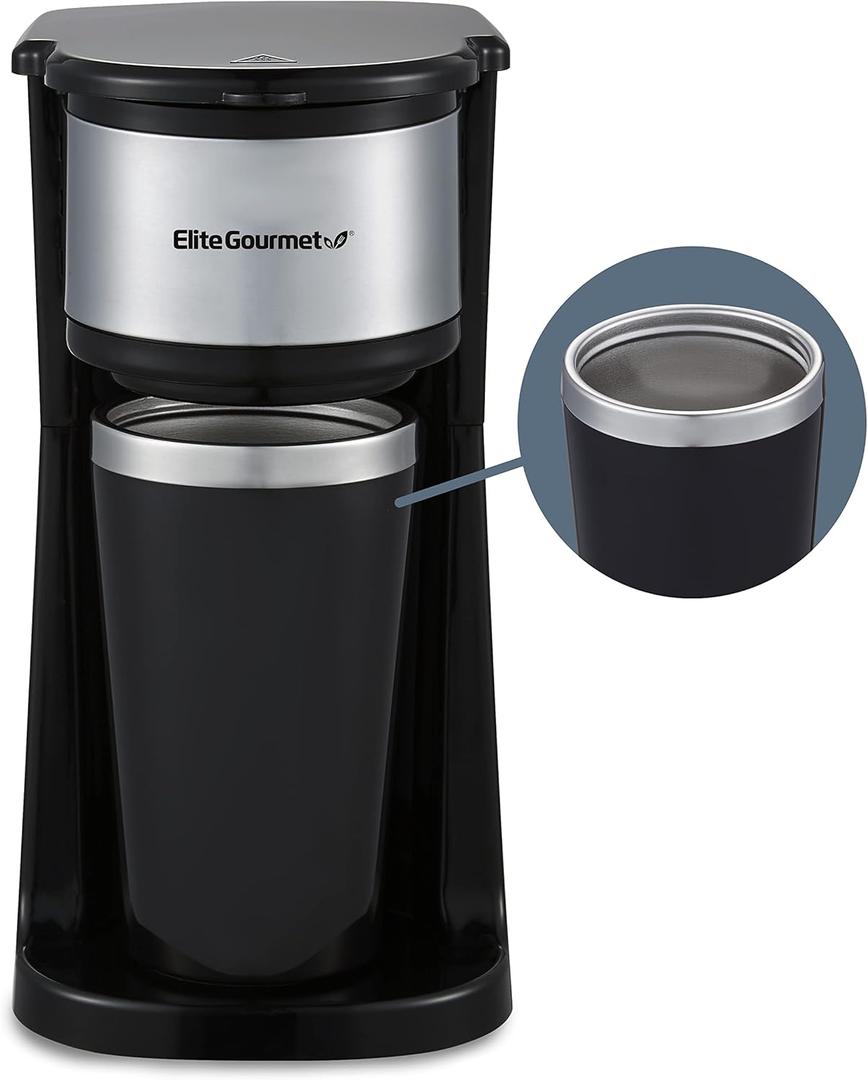 Elite Gourmet EHC-112B Personal Single-Serve Compact Coffee Maker Brewer Includes 14Oz. Thermal Travel Mug with Stainless Steel Interior, Compatible with Coffee Grounds, Reusable Filter, Black