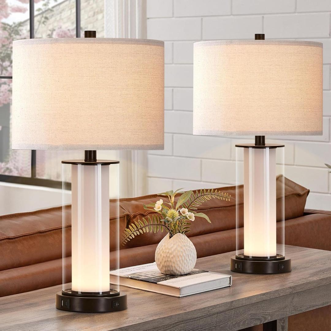 Kyrid 23.25'' Glass Table Lamp Set with Built-in Frosted Glass Night Light for End Table Entryway Modern Black Beside Table Lamp Set with USB Ports (2 Bulbs Included)