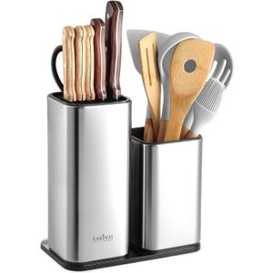 Knife Holder and Utensil Holder - Stainless-Steel Modern Rectangular Design Universal Knife Block and Kitchen Utensils Organizer for Counter-top