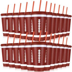 Bokon 12 Pcs Plastic Football Cups with Straw and Lid, Football Party Supplies 24 oz Disposable Cups Reusable Drinking Cup for Sports Events Birthday Party Decorations