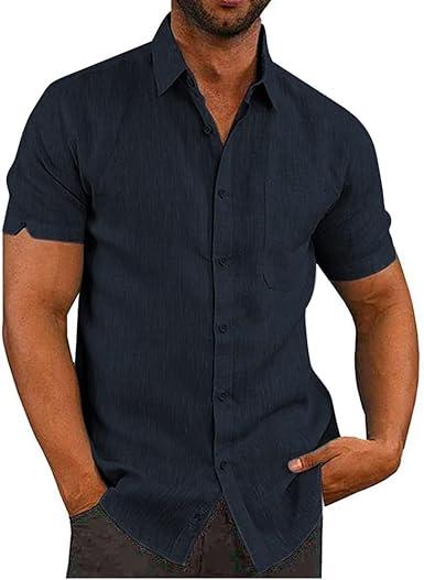 JEKAOYI Button Down Short Sleeve Linen Shirts for Men Summer Casual Cotton Spread Collar Beach Shirts
 Size XS Blue