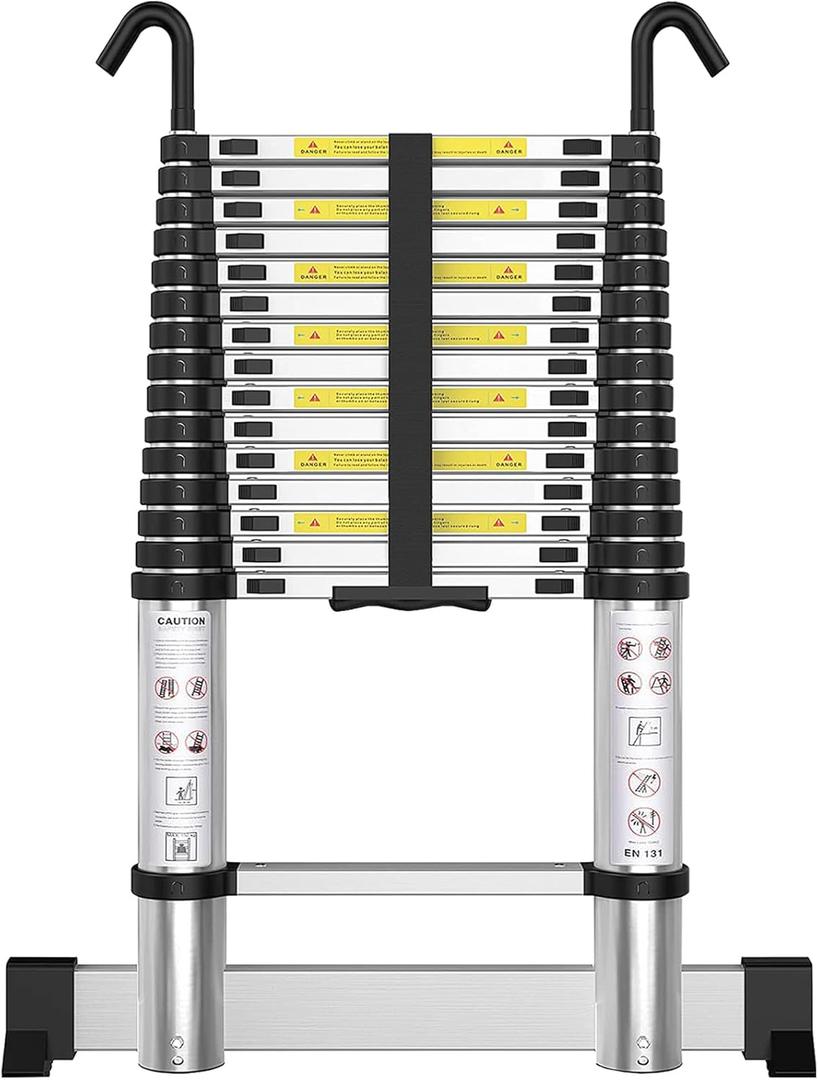 Telescoping Ladder with Hooks 20FT - Aluminum Telescopic Ladder with Stabilizer - Retractable Extension Ladders for Home Loft Roof RV Work with EN131 Certification - 330lbs Max Capacity (Silvery)