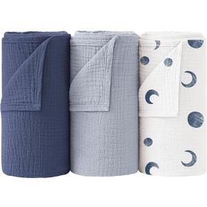 Bearmoss Muslin Swaddle Blankets, 40 x 38 inches Baby Swaddle for Boys and Girls, Soft Baby Blanket, 3 Pack Breathable Nursery Receiving Blankets (Bluemoon)