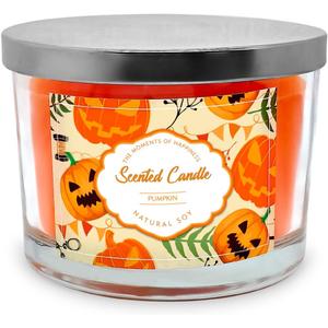 3 Wick 14oz Pumpkin Scented Orange Candle in Glass Jar with Lid, Large Fall Colored Aromatherapy Gift Candle for Harvest Halloween Home Table Decoration - 60-70 Hours Burning Time