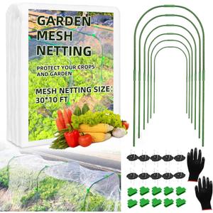 Garden Netting Kit, 10x30 Ft Pest Barrier Bird Ultra Fine Mesh Netting with 6Sets Garden Hoops & 36 Clips for Raised Beds, Garden Plants Net Protection for Vegetable Fruit Flowers Greenhouse Row Cover