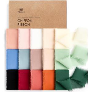 Vitalizart 15 Rolls 1.5" Chiffon Silk Ribbon Handmade Fringe Total 30 Yd Frayed Edges Ribbons for Wedding Invitations Bridal Bouquets Gifts Wrapping Crafts Holiday Decor