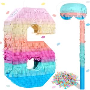 Jenaai 16 Inch Number Piata Kids Birthday Party Macaron Piata with Blindfold Stick and Confetti for Unicorn Birthday Wedding Baby Shower Decor(Number 6)