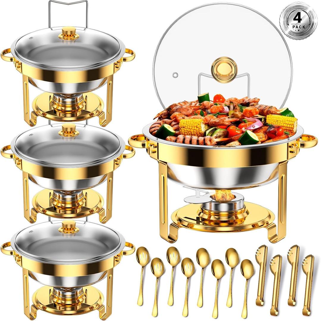 Keyoxy Chafing Dishes for Buffet 5 Qt Food Warmers 4 PACK (Gold-Glass)