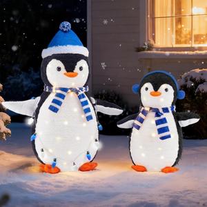DUMOS 2-Piece Lighted Penguin Family Outdoor Christmas Decoration, Pop up Holiday Decor with 150 LED Lights for Yard, Garden, Storefront, White&Blue (3ft)