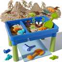 Lehoo Castle Dinosaur Sensory Table with Sand, Sand Table with Lid & 16 Dinosaurs, Adjustable Legs, Indoor Outdoor Play, Role Play Beach Toy, Birthday Gift for Boys Girls