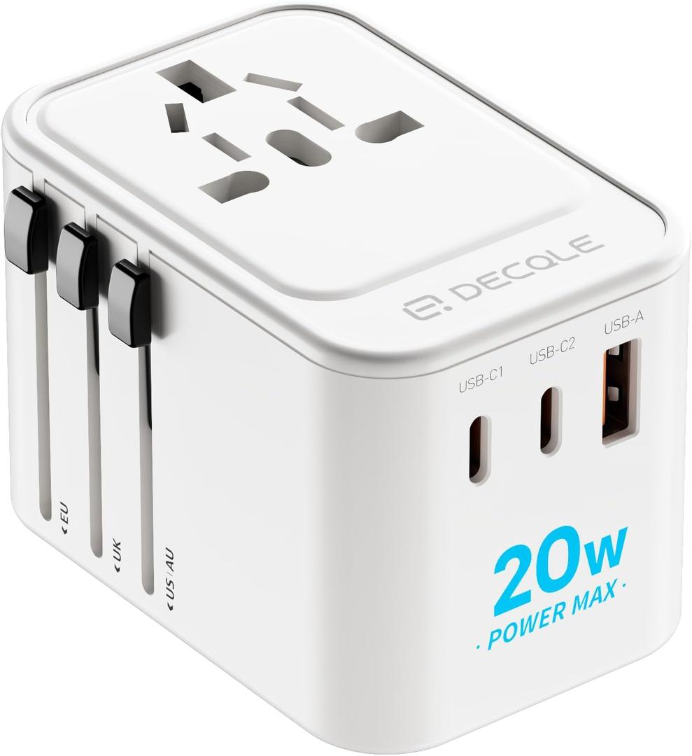 Universal Travel Adapter, International Travel Plug Adapter with 2 USB-C(PD 20W) 1 USB-A Ports, All in One Portable Adaptor, for USA, UK, EU, AU 224+ Countries (White)