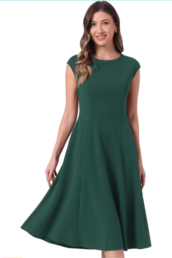 Allegra K Wear to Work Office Dress for Women's 2025 Cap Sleeve with Pockets A-Line Dress Green XL