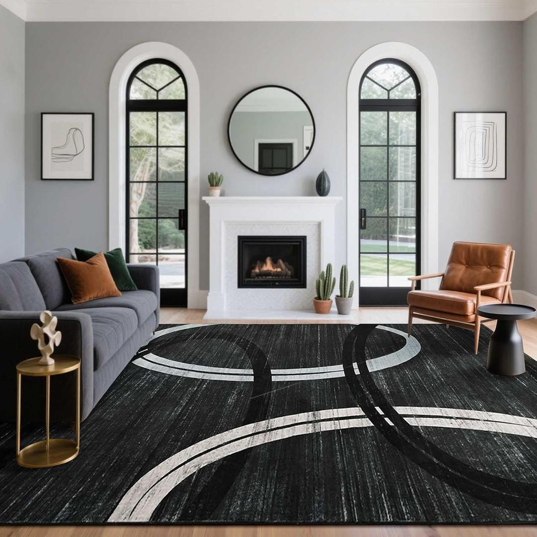Lascpt Modern Wavy Oval Design 8x10 Area Rug, Abstract Geometric Grey Rug for Living Room, Distressed Faux Wool Throw Rug Indoor Floor Carpet, Non-Slip Washable Rugs for Women Men Bedroom Home Decor