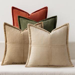 MIULEE Rust-Olive Green Throw Pillow Covers 18x18 Inch 4 Packs Soft Boho Color-Clash Farmhouse Pillow Cases Accent Modern Cushion Cases for Couch Sofa Bed Corduroy Patchwork Home Decor