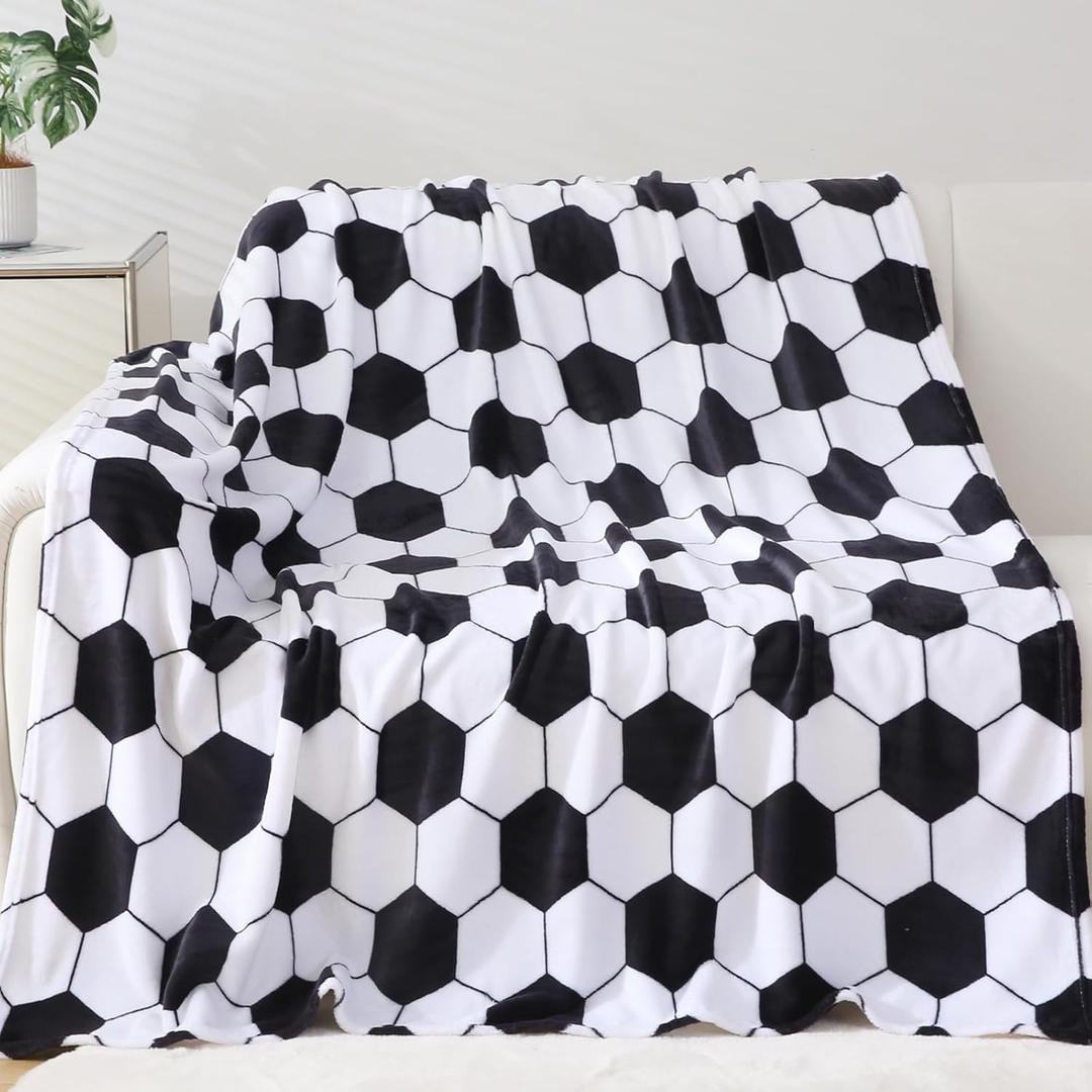 Soccer Blanket Soccer Gifts for Boys Girls 8-12 Coach Team Gifts Birthday Bedroom Stuff (Black White, 40x50 inch)