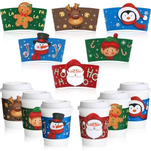 Faccito 48 Pieces Christmas Coffee Cup Sleeves Bulk for 12 oz, 16 oz Christmas Disposable Corrugated Paper Cup Sleeves with Snowman Santa Reindeer Pattern for Tea Hot Chocolate Cocoa Cold Beverage