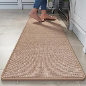 Kitchen Runner Rugs Non Slip Washable, Linen-Like 0.3" Thick Cushioned Absorbent Kitchen Mats for Floor, Mild Anti-Fatigue Long Sink Floor Mat Laundry Standing Mat, Easy Clean, Brown 17"x59"