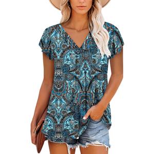 ONLYSHE Women's Summer Shirts and Blouses Casual Short Sleeve Tunic Tops V Neck Loose Fit (2X-Large, 2_b_bluepattern)