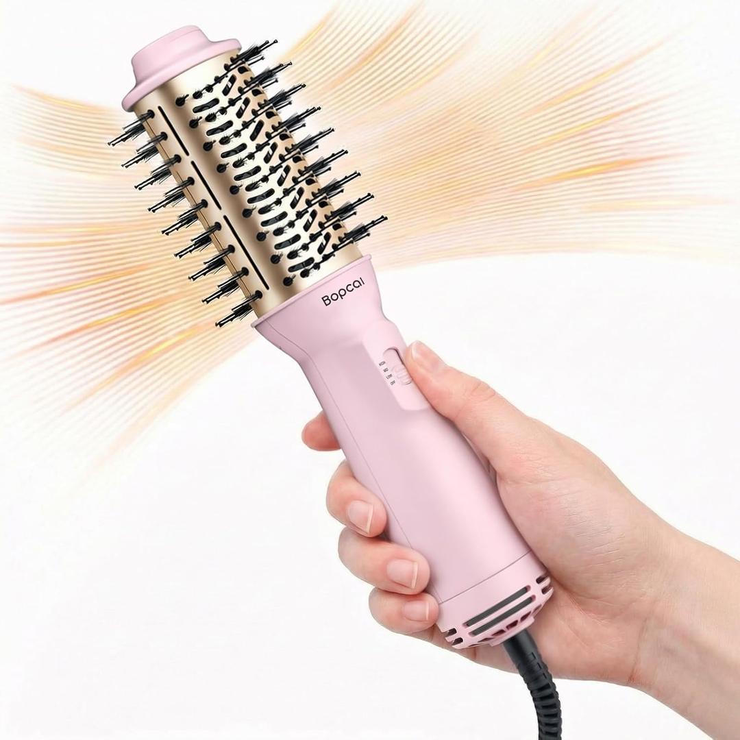 Bopcal 2" Travel Blow Dryer Brush, Dual Voltage 100-240V Hot Air Brush, 4-in-1 Ionic Hair Dryer Brush for Blowout, Volumizing, Straightening, Curling & Drying, Portable with EU UK Plug