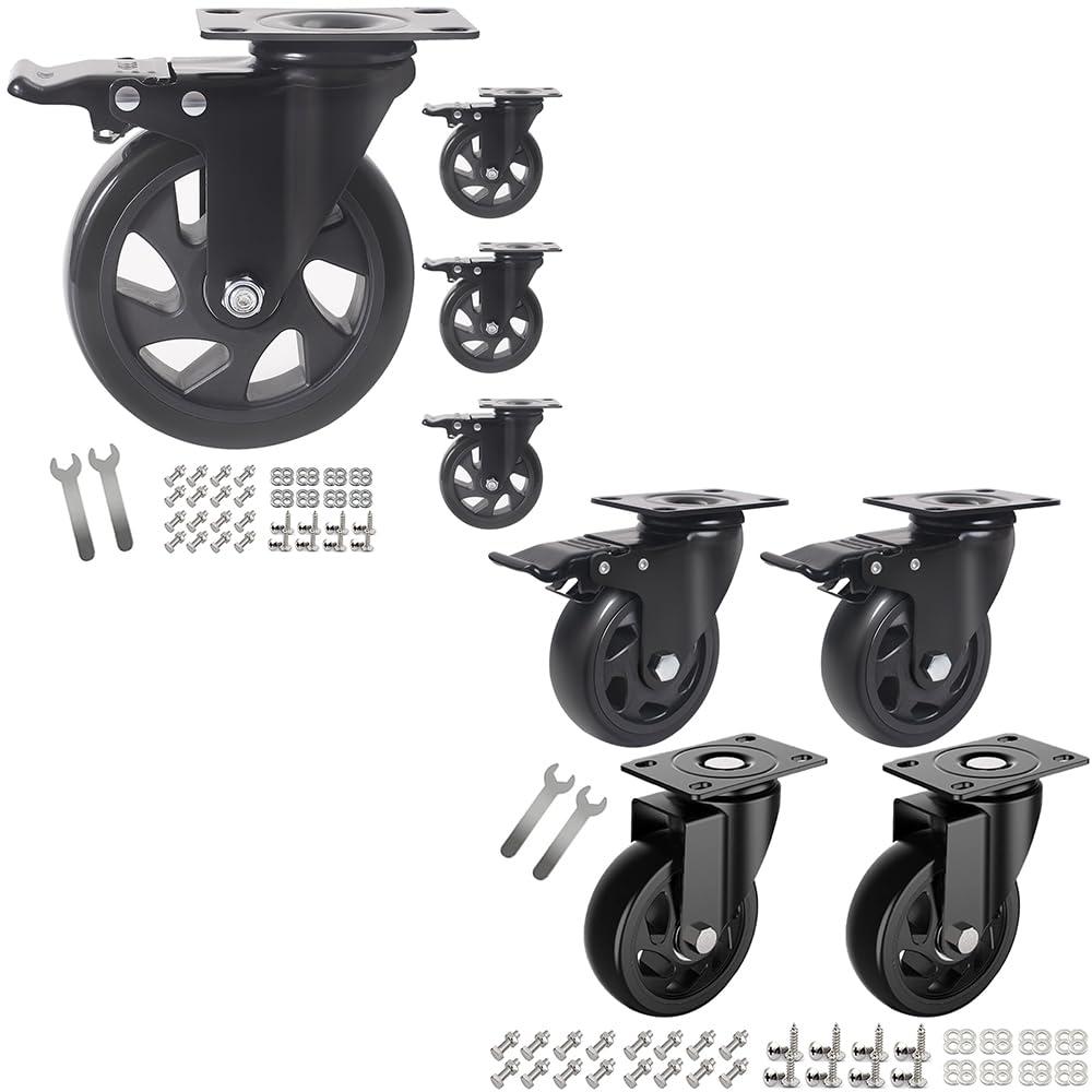 5 Inch Swivel Caster Wheels Set of 4 and 4 inch Heavy Duty Casters with Brake, Polyurethane Locking Casters for Cart, Workbench and Trolley(Two Hardware Kits)