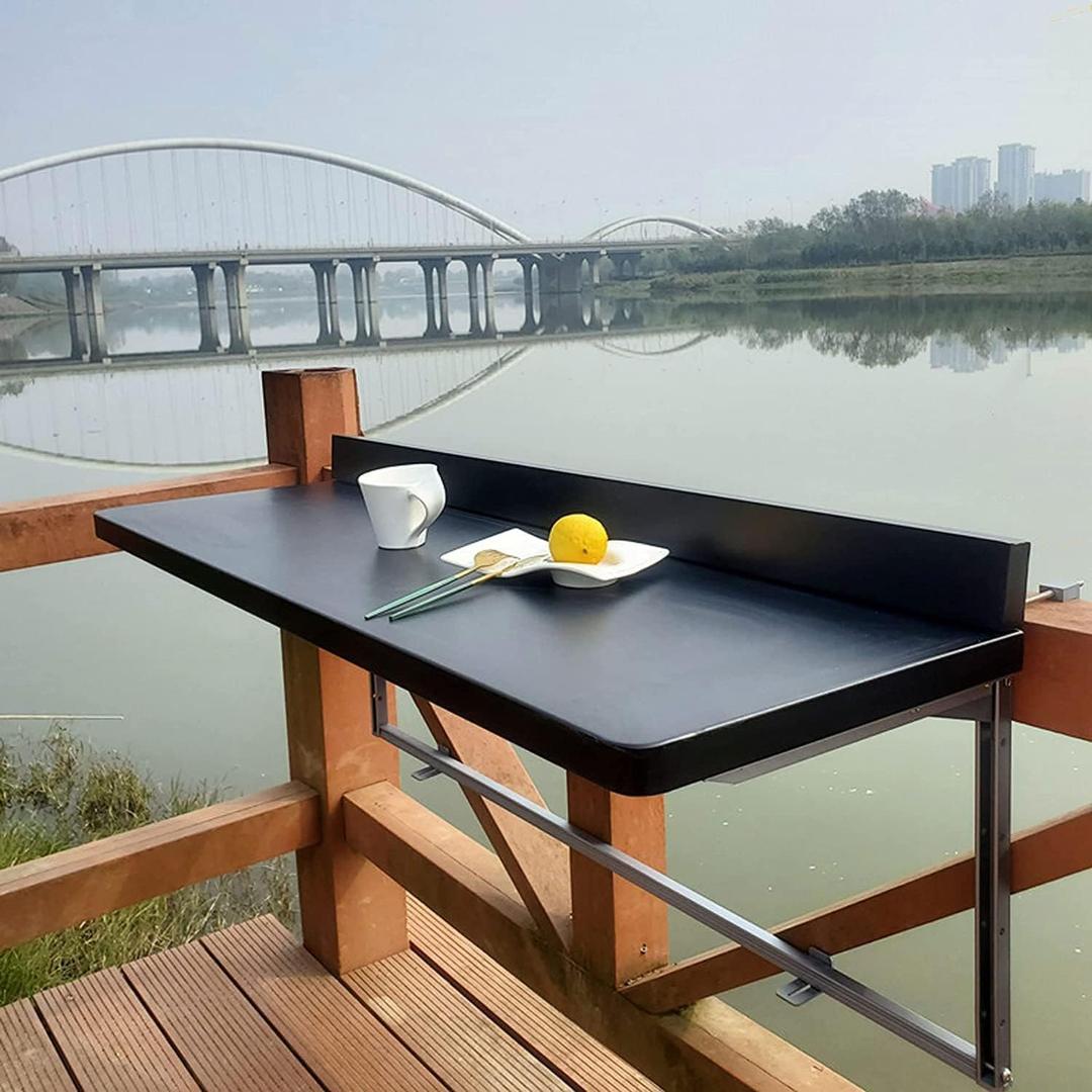 Balcony Bar Table Hanging for Railings, Outdoor Adjustable Height Folding Deck Rail Table for Patio, Garden, Renter-Friendly Space Saving, Aluminum Weatherproof Fits Round/Square Rails, Black