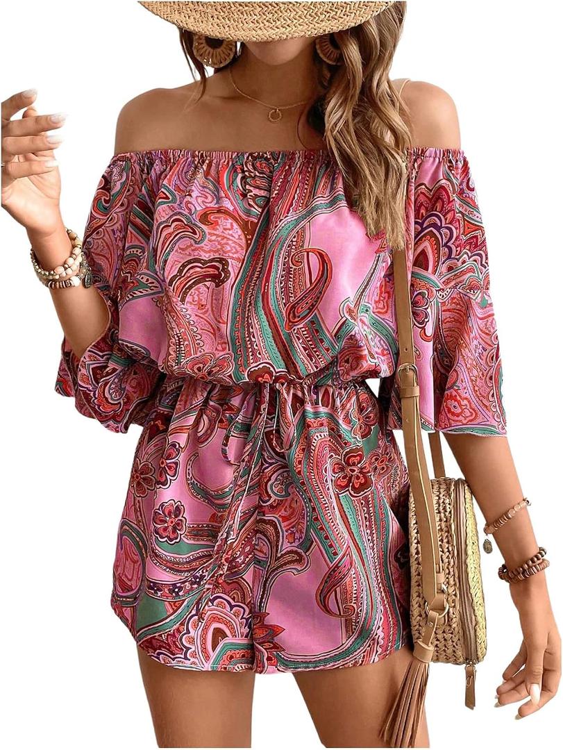 Milumia Women's Off The Shoulder Romper Boho Elastic Waist Shorts Jumpsuit Dressy Casual Vacation Outfits Large, Hot Pink