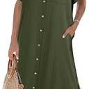 Zeagoo Women Dresses Summer Casual Short Sleeve Button Down Shirt Dresses 2025 Beach Cover Up with Pockets, XL, Army Green