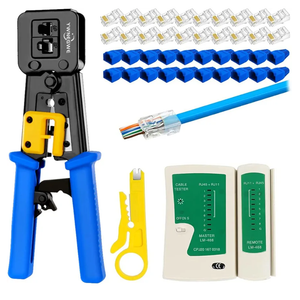 RJ45 Crimp Tool Kit Pass Thru Cat5 Cat5e Cat6 RJ45 Crimping Tool with 20PCS RJ45 Cat6 Pass Through Connectors, 20PCS Covers,1 Wire Punch Down Cutter and 1 Network Cable Tester