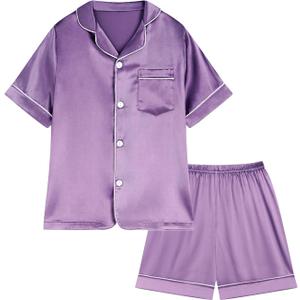 Weixinbuy Pajama Set for Kid Baby Boy Girl Button-up Silk Pajama Sleepwear Nightwear Loungewear Clothes Set Gifts for Kids (11-12 Years, Purple (Short Sleeve))