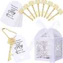 100 Pcs Wedding Candy Boxes Sets 50 White Laser Cut Favor Boxes 50 Skeleton Key Bottle Opener with Tags Cards and Ribbon White Lace Candy Box Favor for Bridal Shower Birthday Party