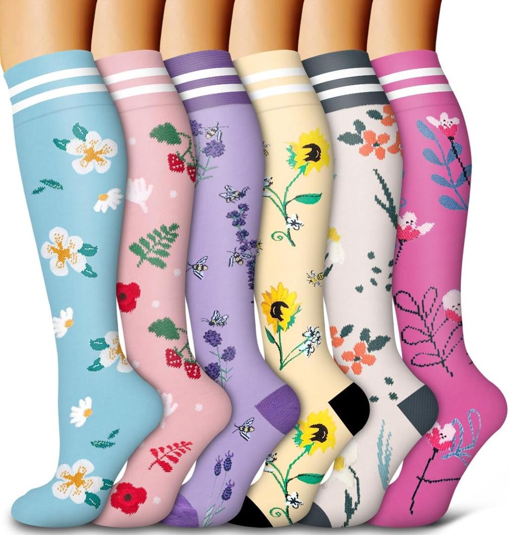 Bluemaple 6 Pack Copper Compression Socks for Women and Men Circulation-Best Support for Medical, Running,Nursing,Athletic (Small-Medium, D-assorted11-flowers)