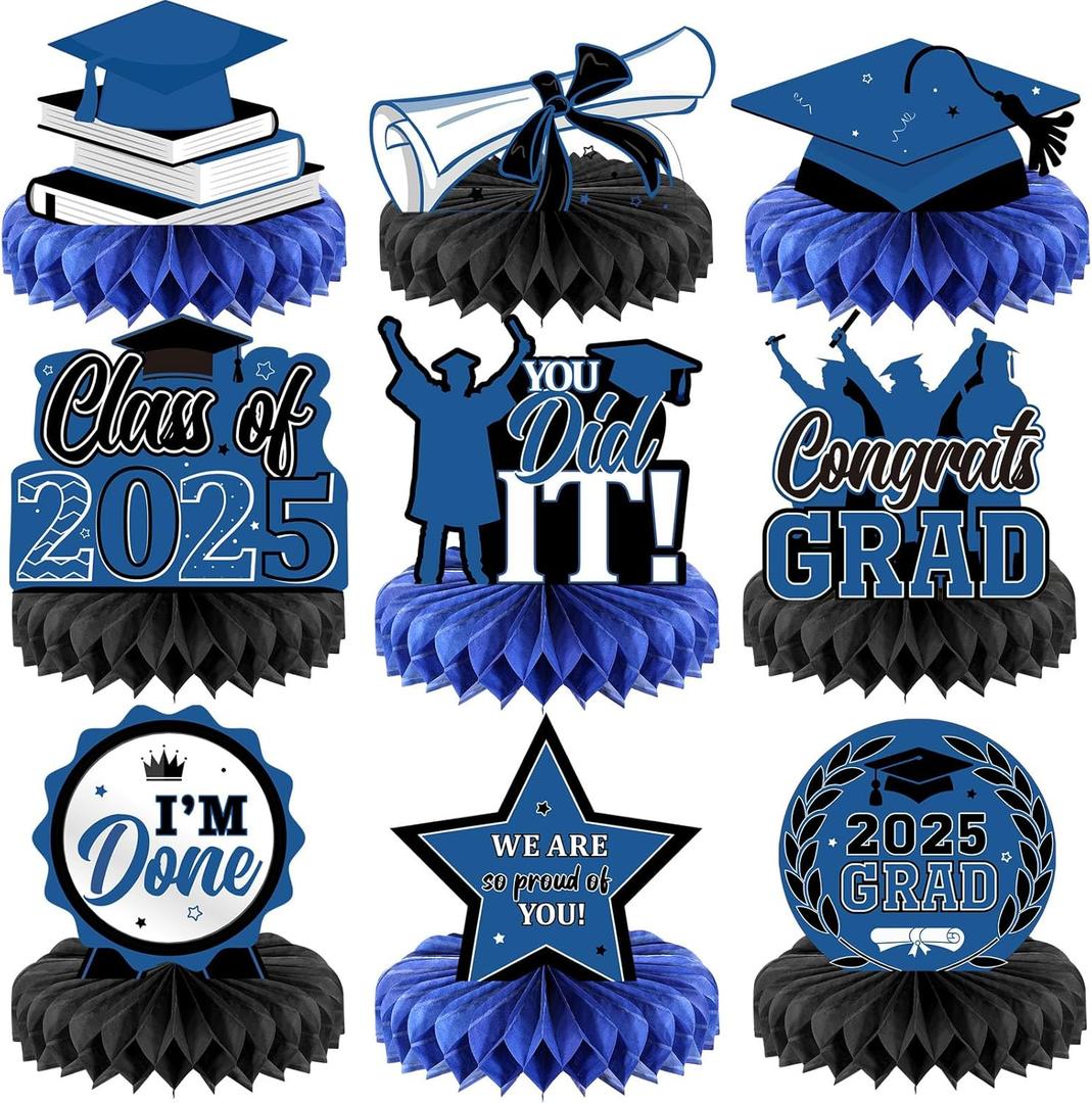 Yisong 9 Pieces 2025 Graduation Party Table Decorations Class of 2025 Congrats Graduation Centerpieces for Tables Congratulate Honeycomb Centerpiece Topper for Grad Party Supplies(Blue)