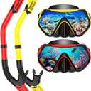 Snorkeling Gear for Adults, Dry-Top Snorkel Set Scuba Diving mask, 180Panoramic Wide View Professional Snorkeling Gear Breathing Freely Snorkel Mask (Yellow+Red)